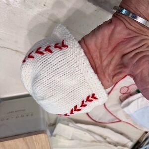 White Knit Baseball Beanie with Red Stitching